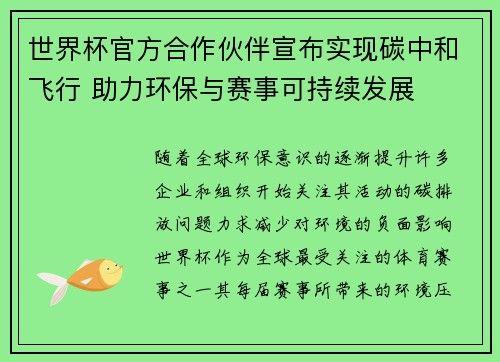 世界杯官方合作伙伴宣布实现碳中和飞行 助力环保与赛事可持续发展